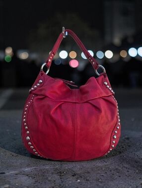 B. Makowsky Vintage Leather Studded Red Hobo Shoulder Bag